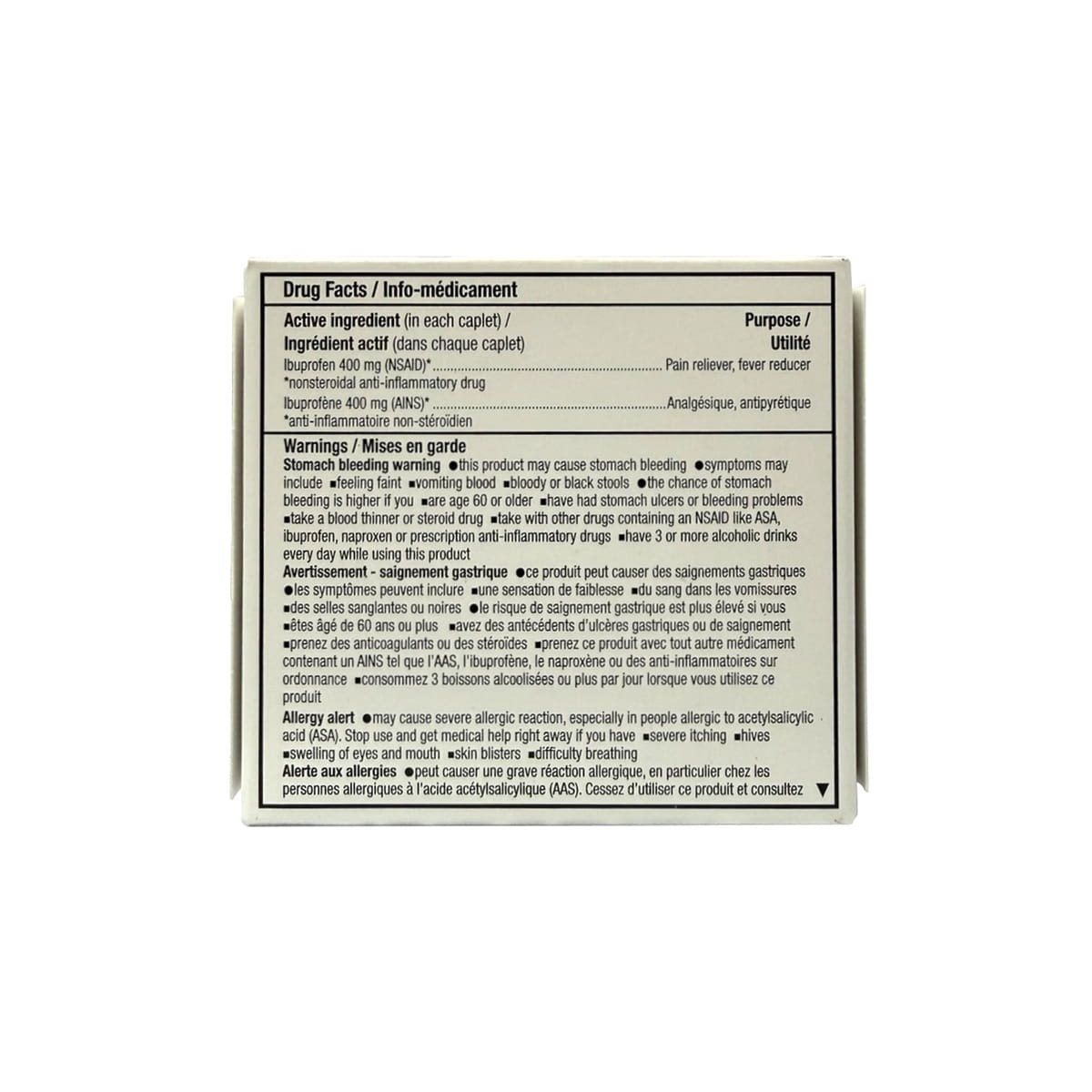 Ingredients and warnings for health One Ibuprofen 400 mg Extra Strength Caplets (32 caplets)