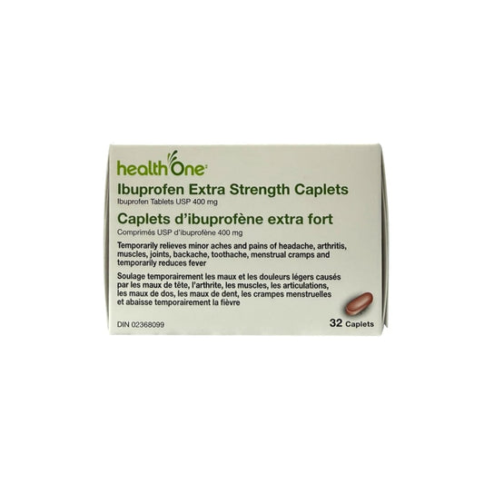 Product label for health One Ibuprofen 400 mg Extra Strength Caplets (32 caplets)