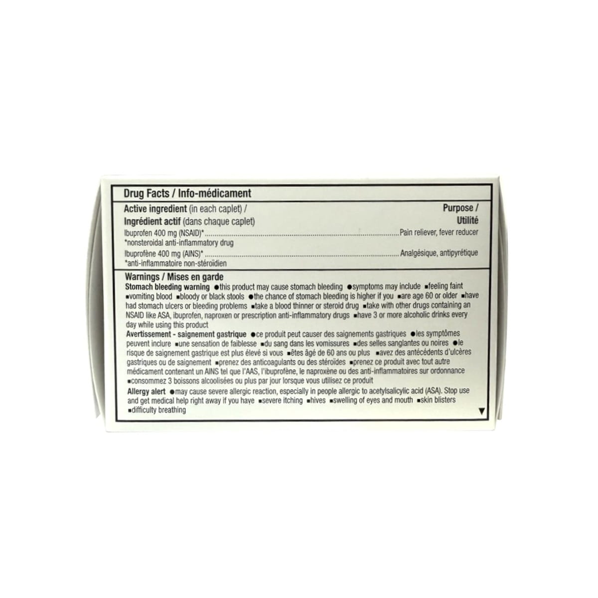 Ingredients and warnings for health One Ibuprofen 400 mg Extra Strength Caplets (72 caplets)