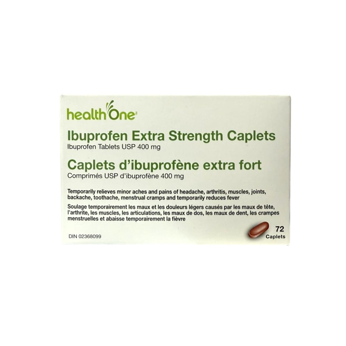 Product label for health One Ibuprofen 400 mg Extra Strength Caplets (72 caplets)
