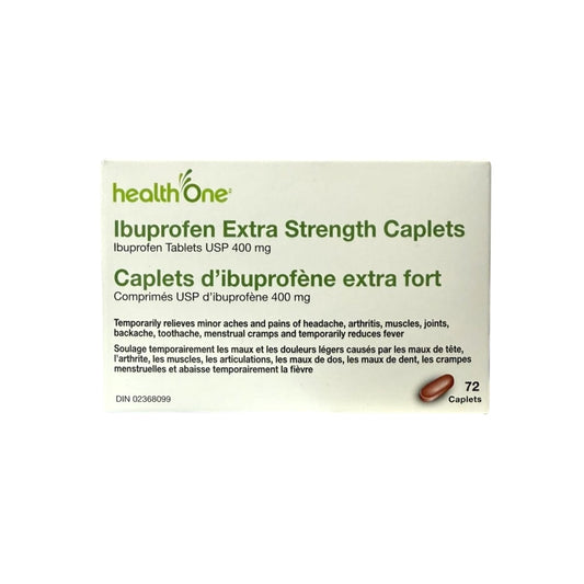 Product label for health One Ibuprofen 400 mg Extra Strength Caplets (72 caplets)