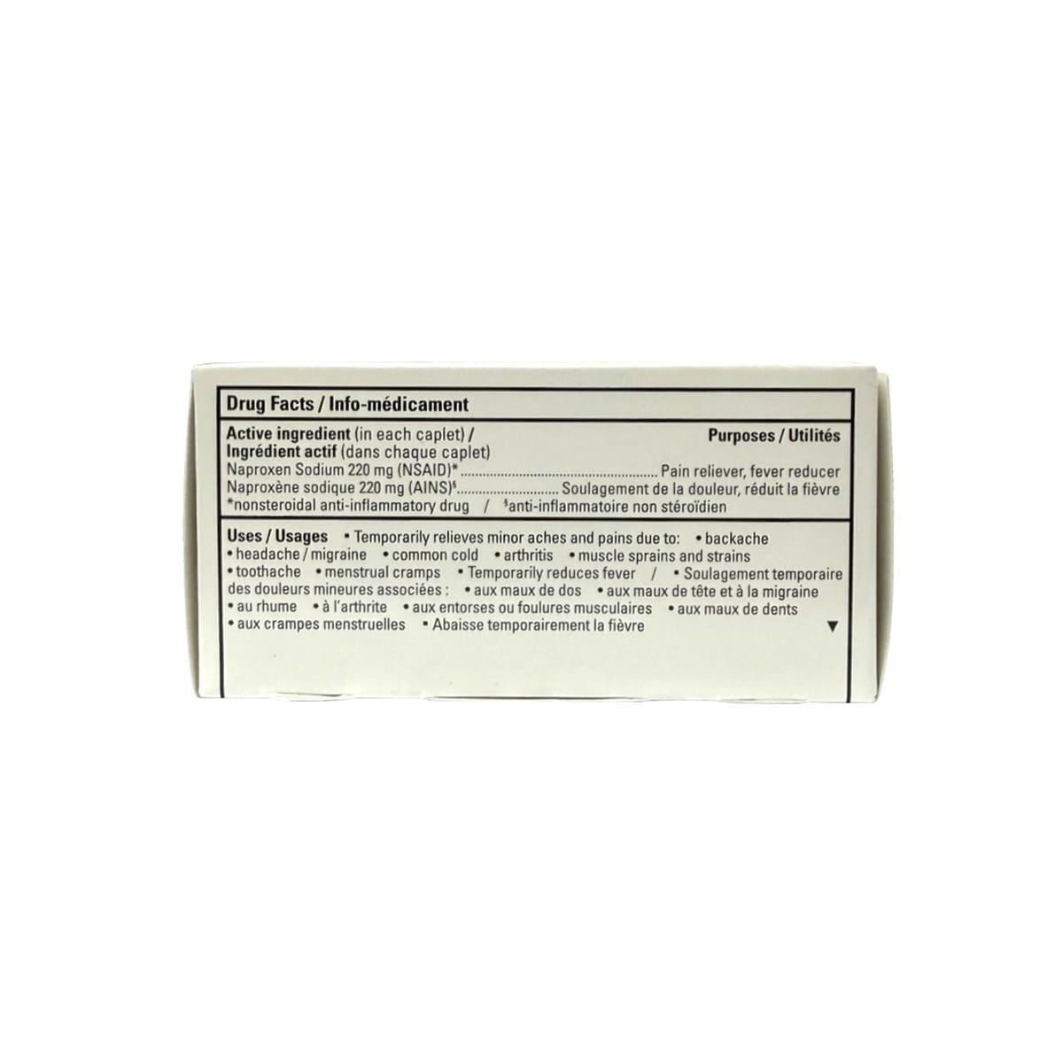 Ingredients and uses for health One Naproxen Sodium 220 mg (125 caplets)