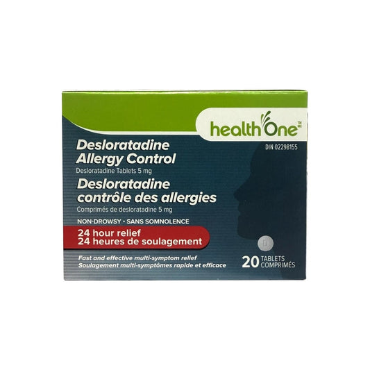 Product label for health One Non-Drowsy Allergy Relief Desloratadine 5 mg (20 tablets)