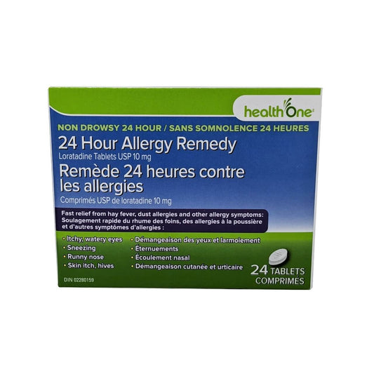 Product label for health One Non-Drowsy Allergy Relief Loratadine 10mg 24 tablets in French and English