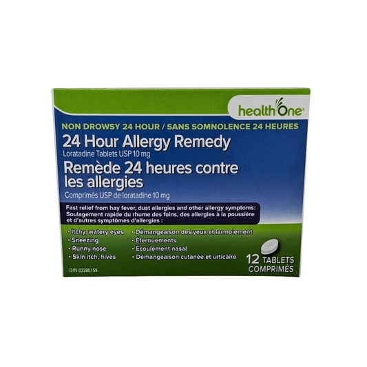 Product label for health One Non-Drowsy Allergy Relief Loratadine 10mg 12 tablets in French and English