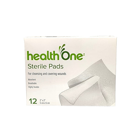 Product label for health One Sterile Pads (5 cm x 5 cm) (12 pads) in English