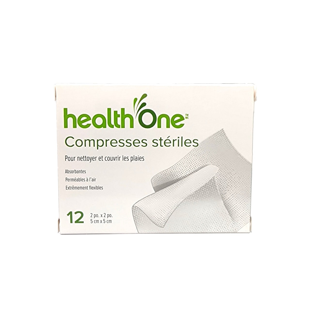 Product label for health One Sterile Pads (5 cm x 5 cm) (12 pads) in French