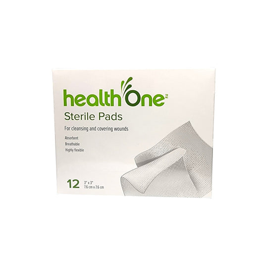 Product label for health One Sterile Pads (7.6 cm x 7.6 cm) (12 pads) in English