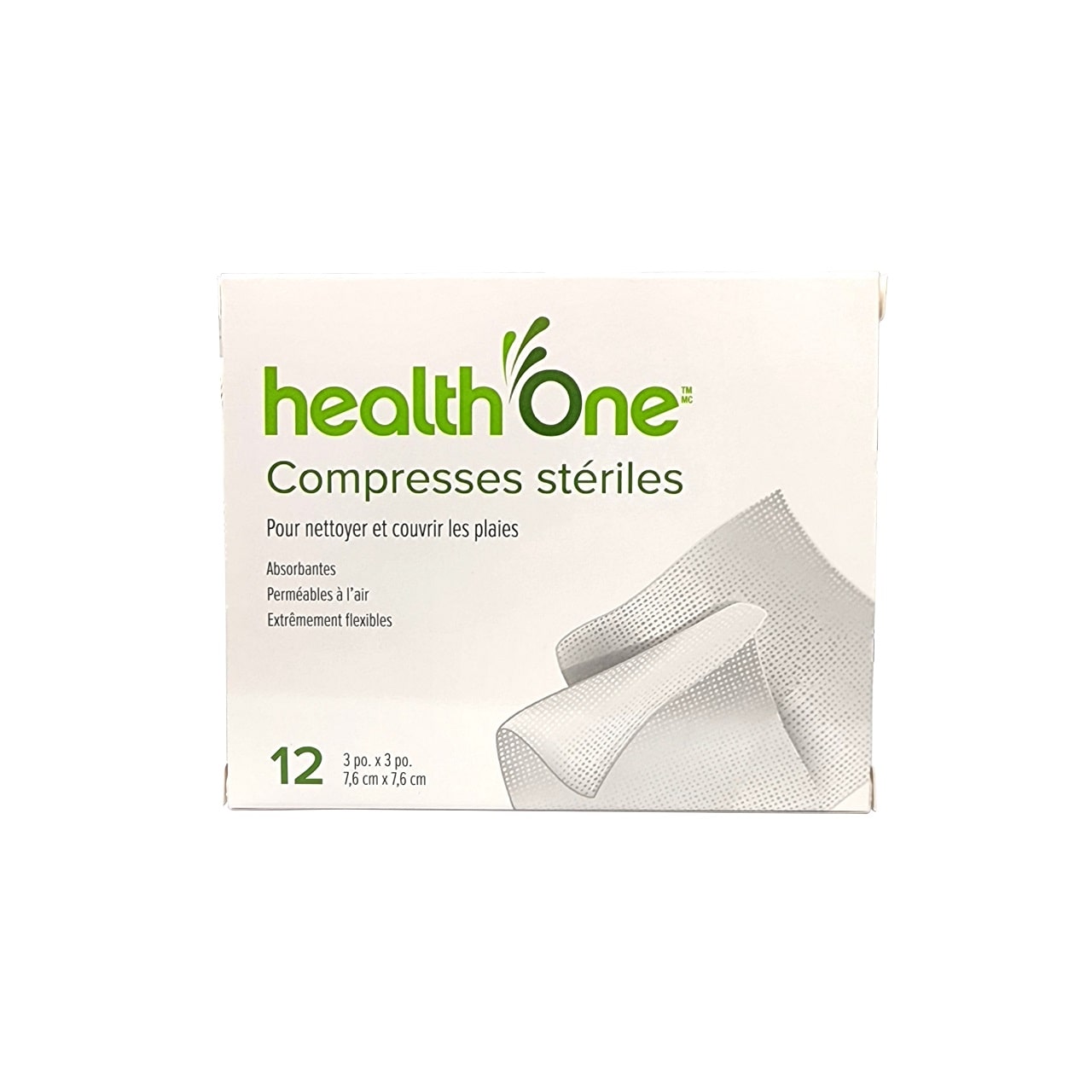 Product label for health One Sterile Pads (7.6 cm x 7.6 cm) (12 pads) in French