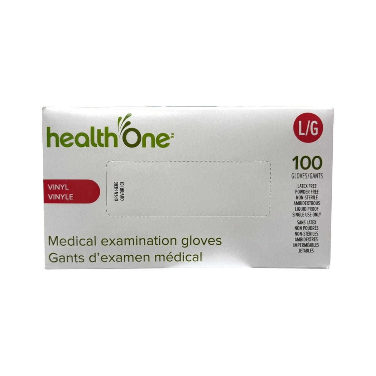 Product label for health One Vinyl Medical Gloves Large (100 count)