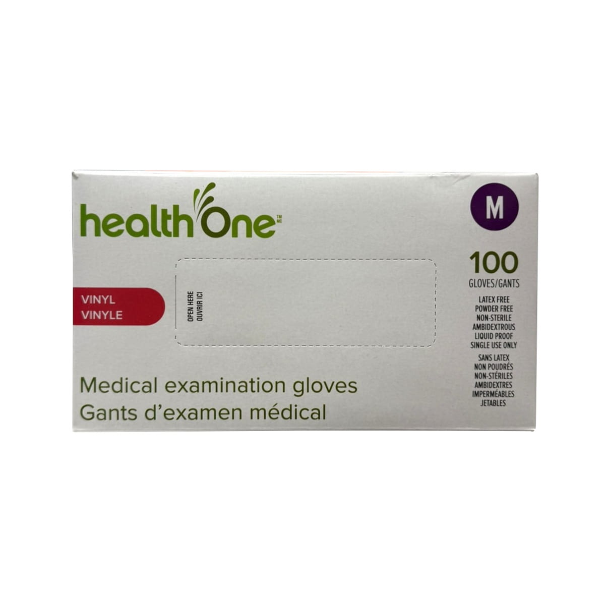 Product label for health One Vinyl Medical Gloves Medium (100 count)