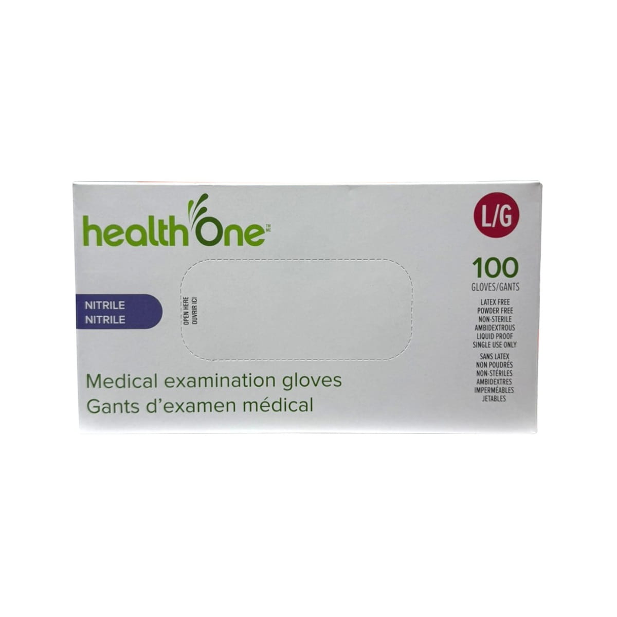 Product label for health One Vinyl Nitrile Gloves Large (100 count)