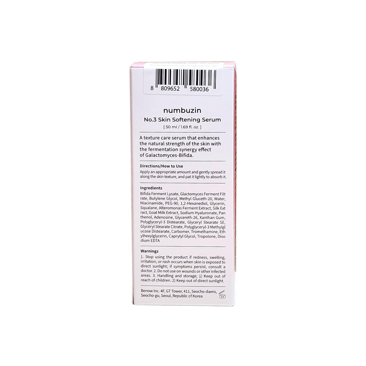 Description, Directions, Ingredients, Warnings for numbuzin No. 3 Skin Softening Serum (50 mL) in English