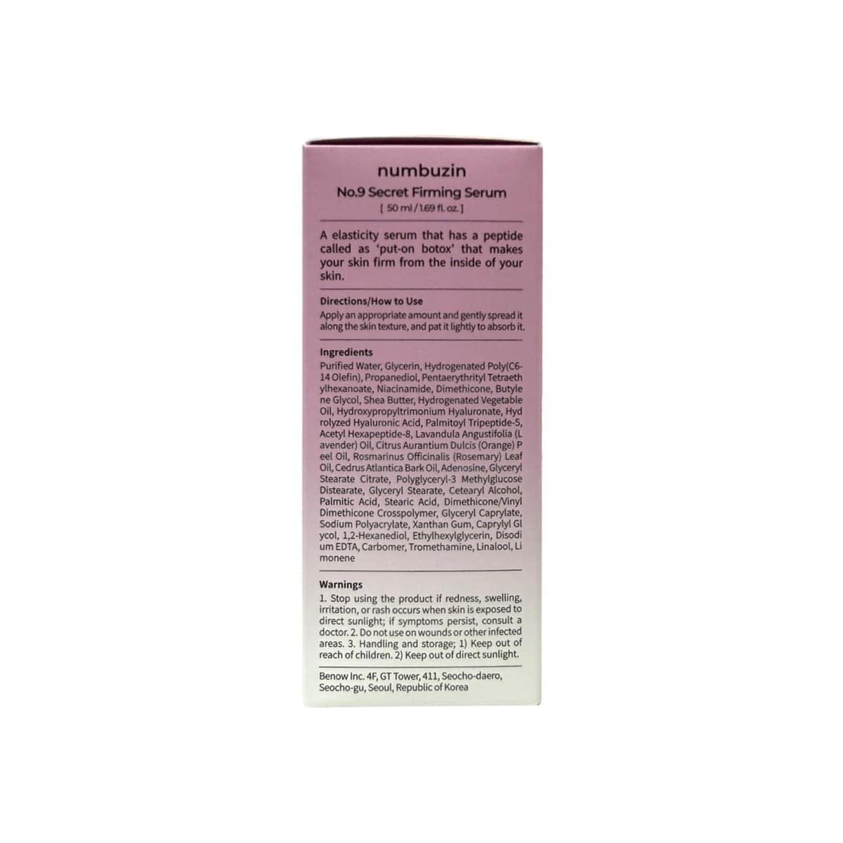 Description, directions, ingredients, warnings for numbuzin No.9 Secret Firming Serum (50 mL) in English