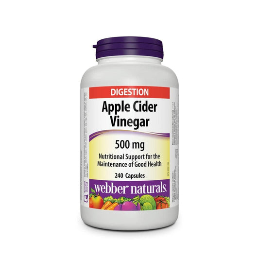 Product label for webber naturals Apple Cider Vinegar 500 mg (240 capsules) in English