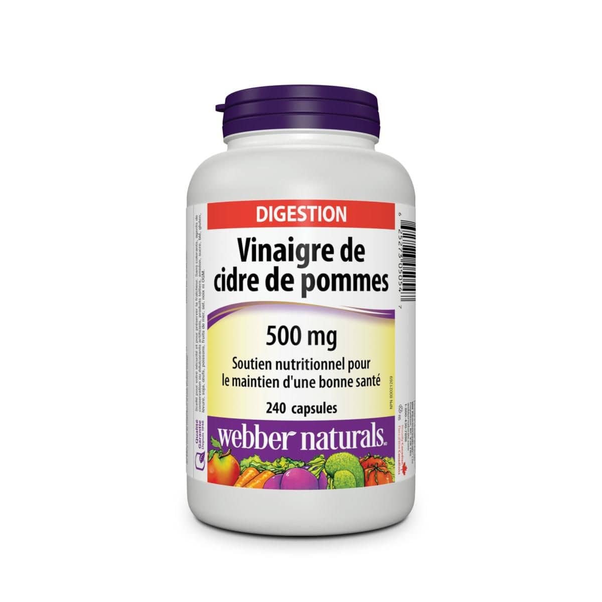 Product label for webber naturals Apple Cider Vinegar 500 mg (240 capsules) in French