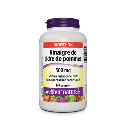 Product label for webber naturals Apple Cider Vinegar 500 mg (240 capsules) in French