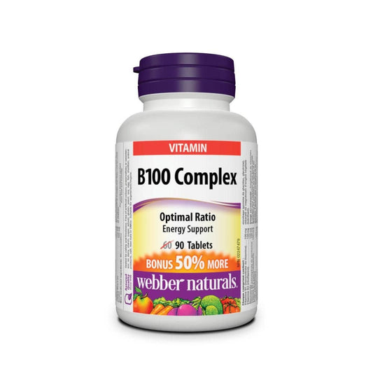 Product label for webber naturals B100 Complex (90 tablets) in English