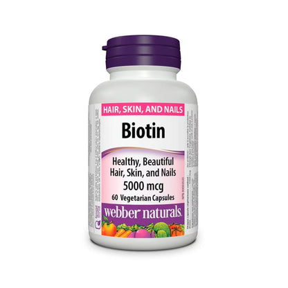 Product label for webber naturals Biotin 5000 mcg (60 capsules) in English