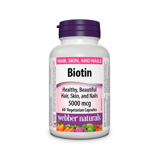 Product label for webber naturals Biotin 5000 mcg (60 capsules) in English
