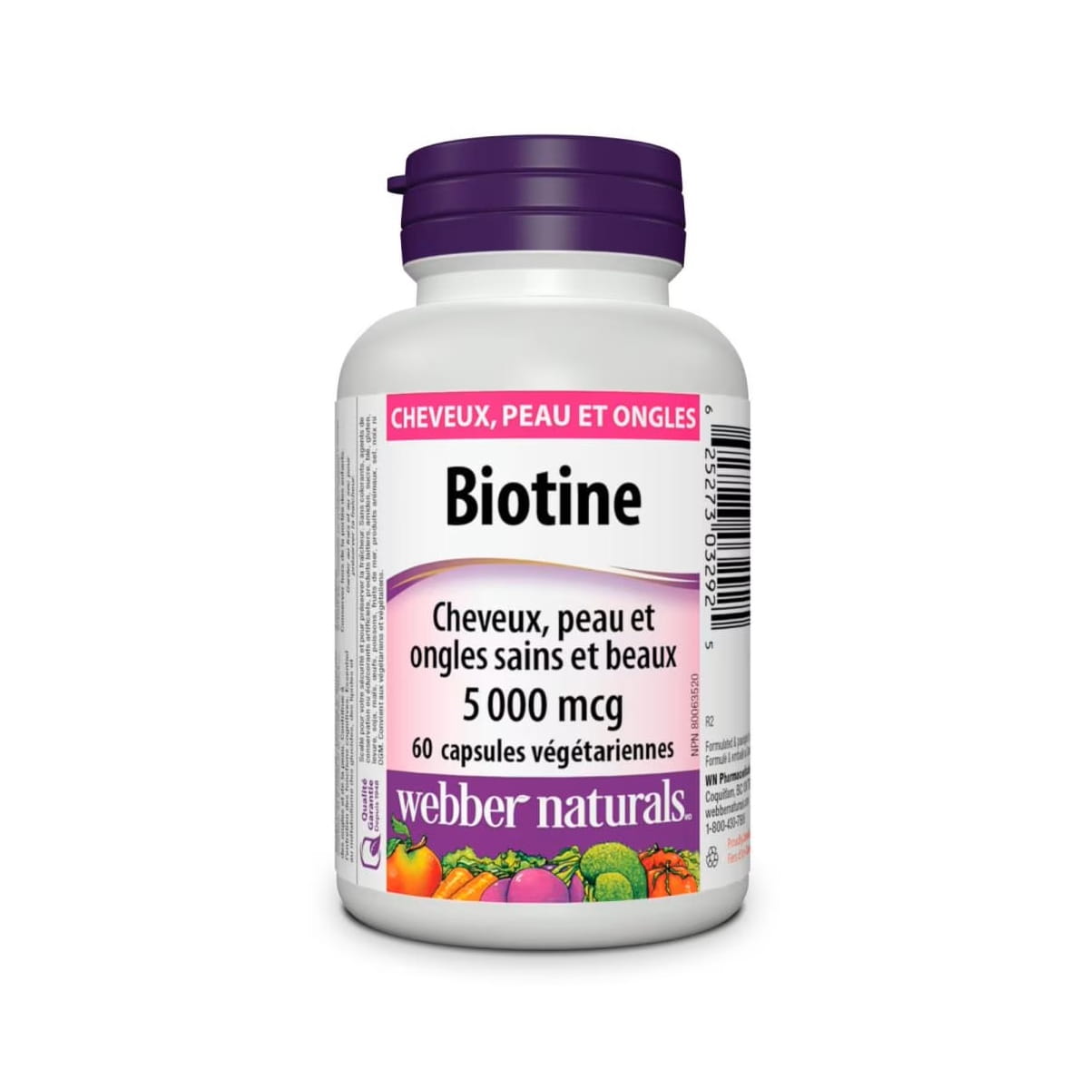 Product label for webber naturals Biotin 5000 mcg (60 capsules) in French