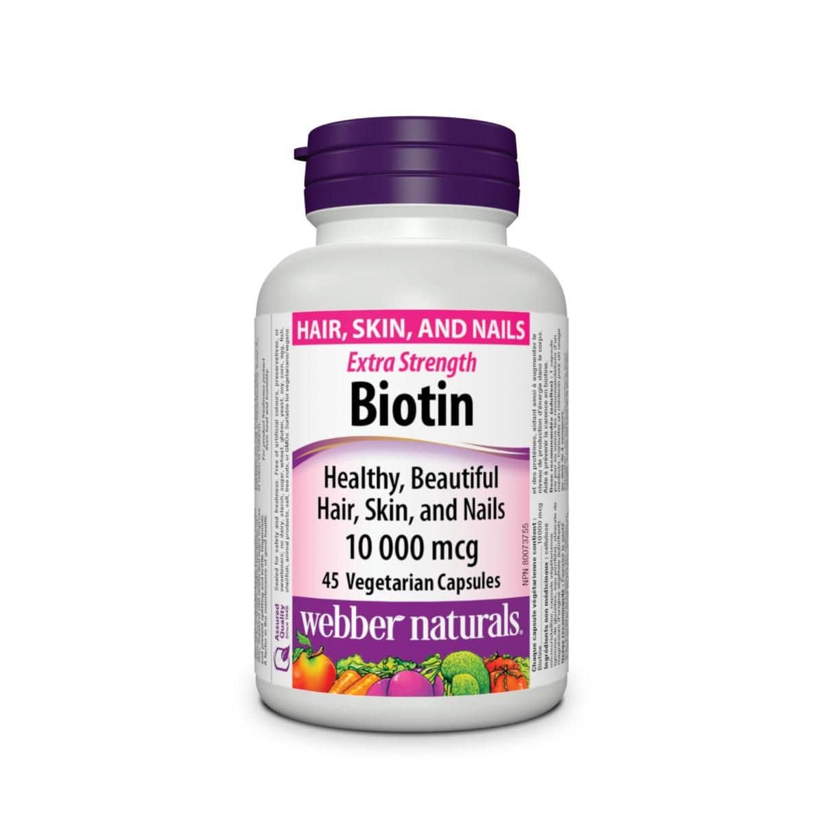 Product label for webber naturals Biotin Extra Strength 10000 mcg (45 capsules) in English