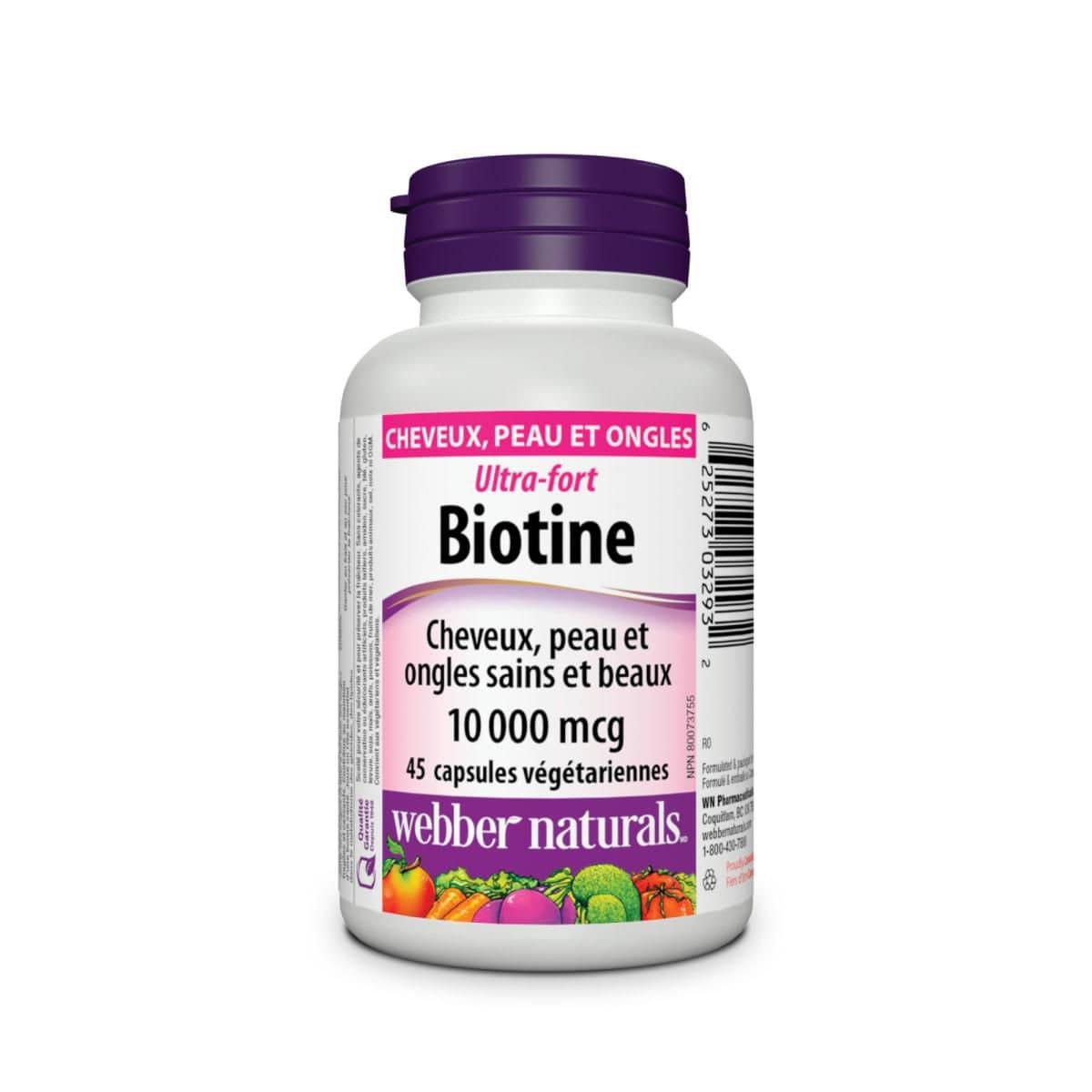 Product label for webber naturals Biotin Extra Strength 10000 mcg (45 capsules) in French