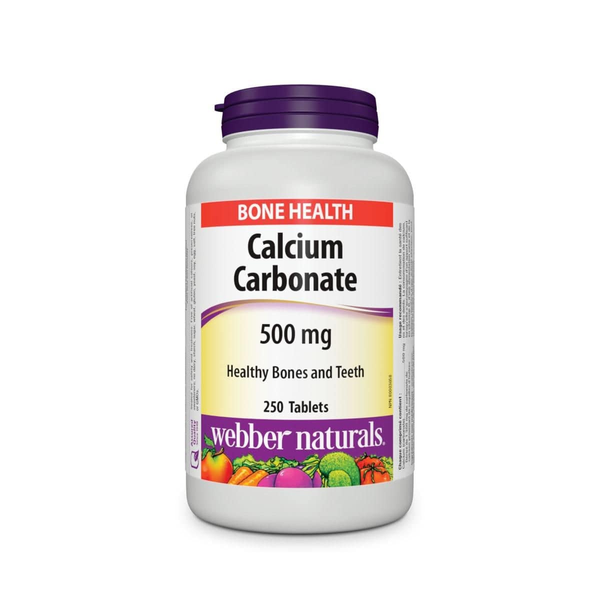 Product label for webber naturals Calcium 500 mg (250 tablets) in English
