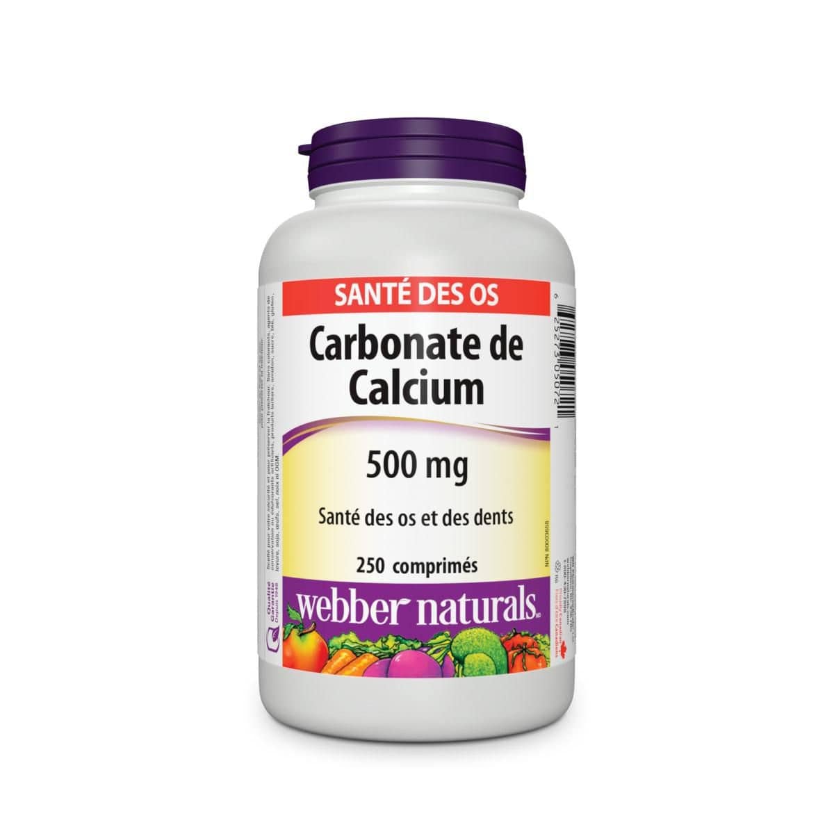 Product label for webber naturals Calcium 500 mg (250 tablets) in French