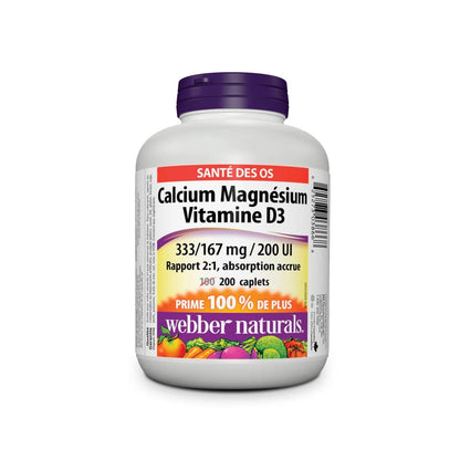 Product label for webber naturals Calcium Magnesium and Vitamin D3 (333 mg / 167 mg / 200 IU) (200 caplets) in French