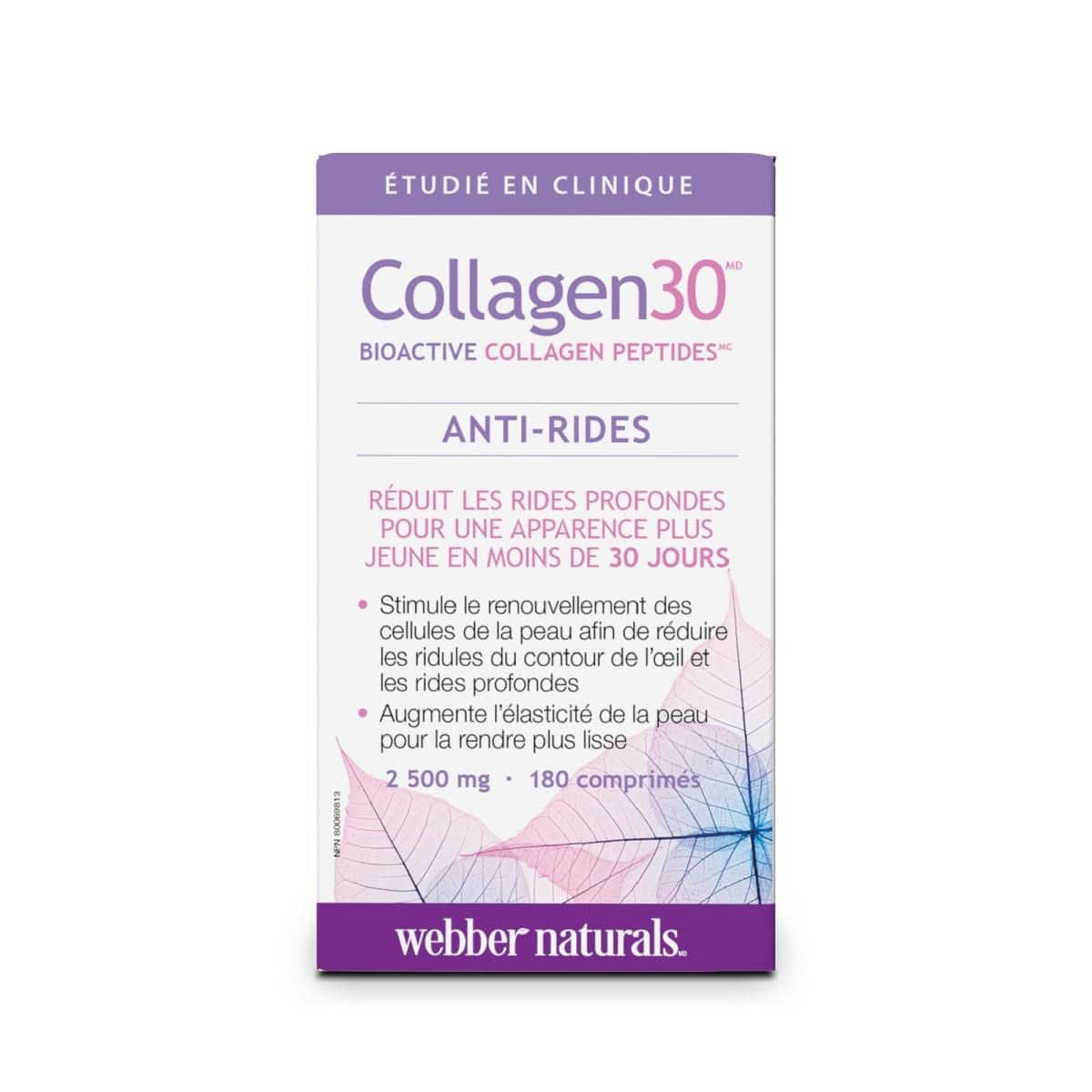 Product label for webber naturals Collagen 30 Bioactive Peptide 2500 mg (180 tablets) in French