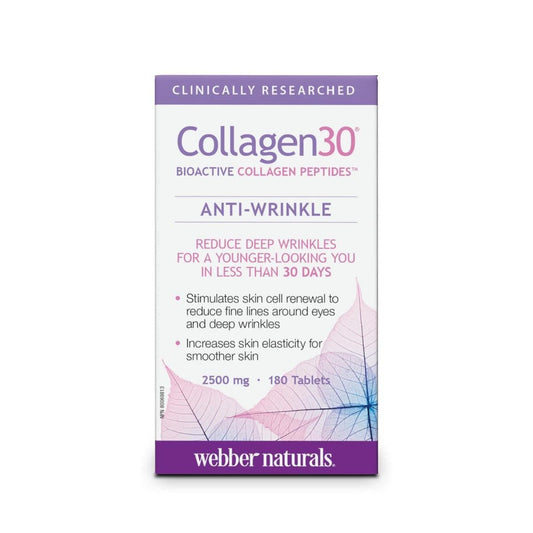 Product label for webber naturals Collagen 30 Bioactive Peptide 2500 mg (180 tablets) in English