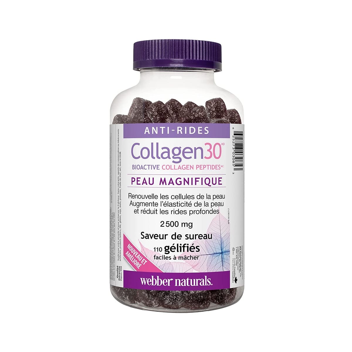 Product label for webber naturals Collagen30 Elderberry Gummies 2500 mg (110 gummies) in French
