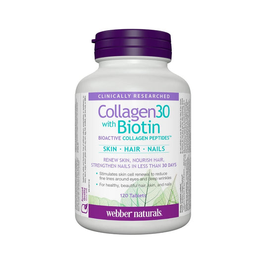 Product label for webber naturals Collagen30 with Biotin for Skin, Hair, Nails (120 tablets) in English