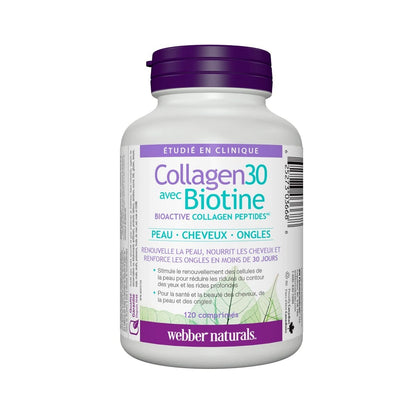 Product label for webber naturals Collagen30 with Biotin for Skin, Hair, Nails (120 tablets) in French