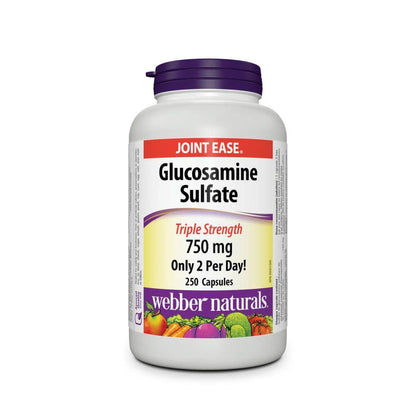 Product label for webber naturals Glucosamine Sulfate 750mg (250 capsules) in English