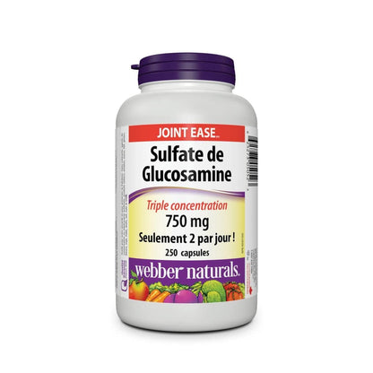 Product label for webber naturals Glucosamine Sulfate 750mg (250 capsules) in French