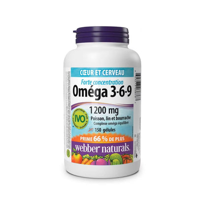 Product label for webber naturals High Potency Omega-3-6-9 1200 mg Fish, Flax, Borage (150 softgels) FR