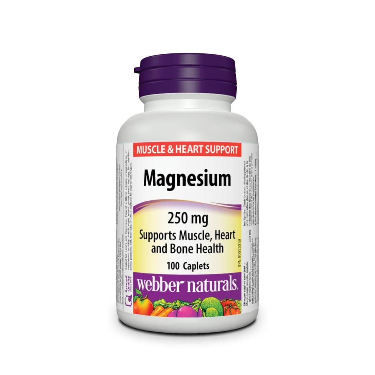 Product label for webber naturals Magnesium 250 mg (100 caplets) in English
