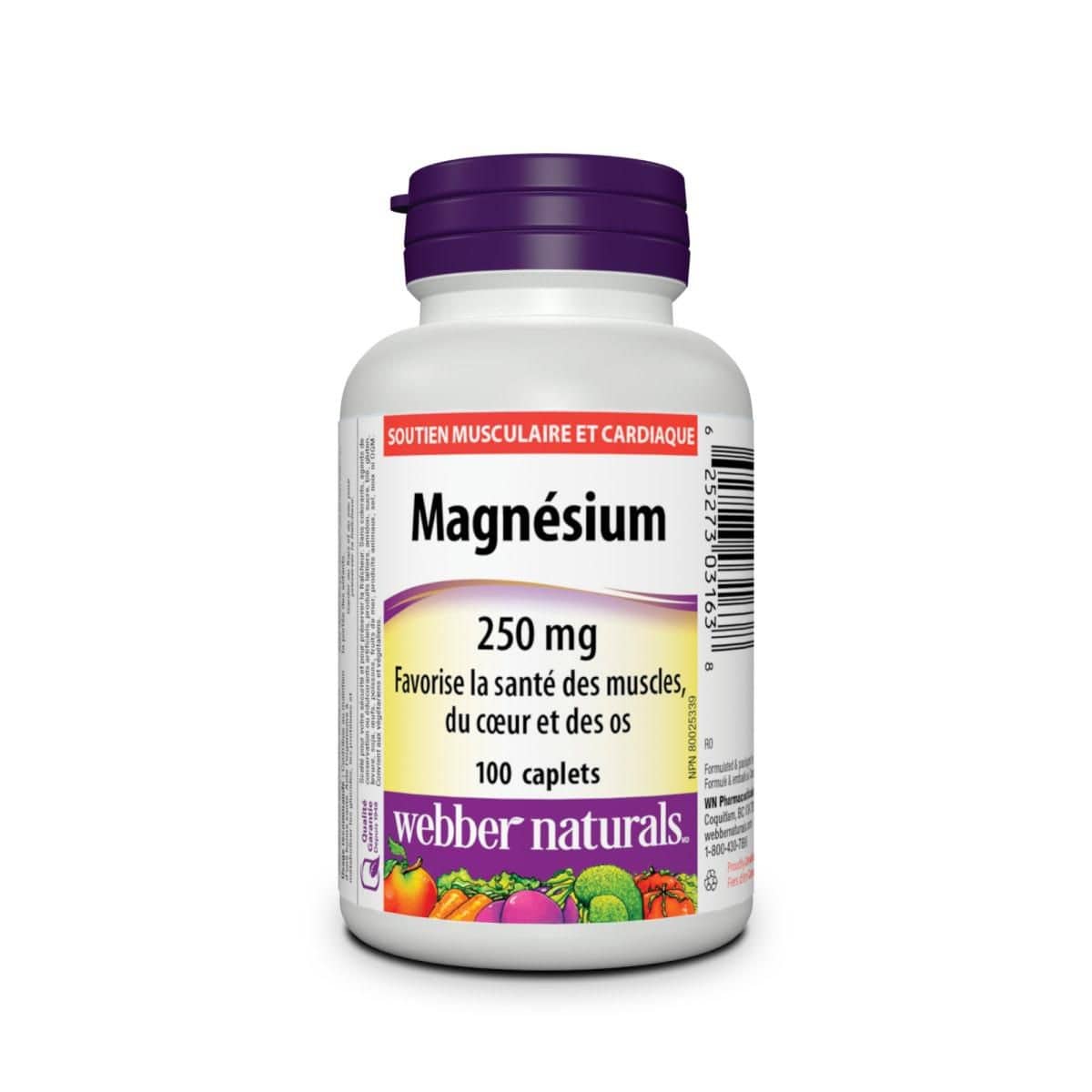 Product label for webber naturals Magnesium 250 mg (100 caplets) in French