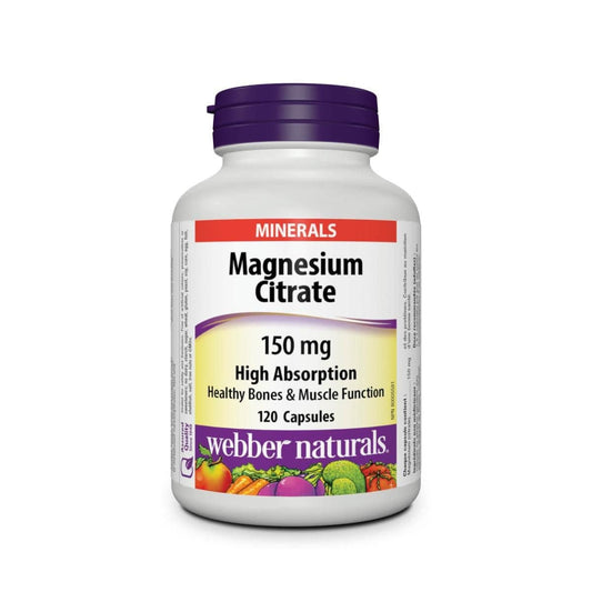 Product label for webber naturals Magnesium Citrate 150 mg (120 capsules) in English