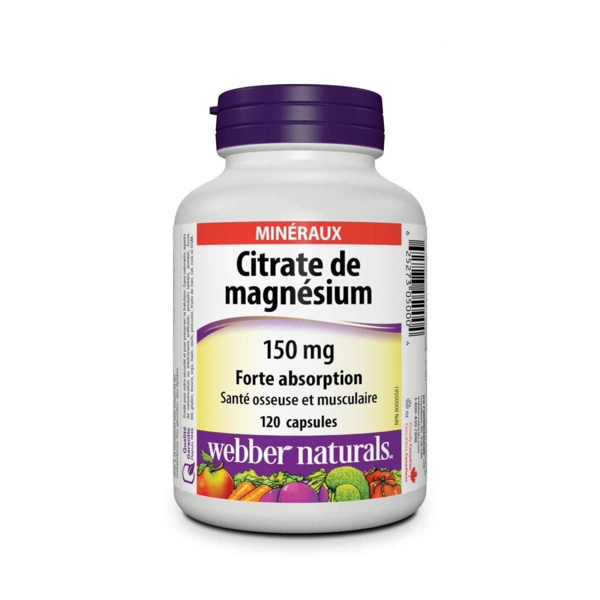 Product label for webber naturals Magnesium Citrate 150 mg (120 capsules) in French