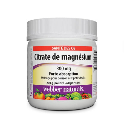 Product label for webber naturals Magnesium Citrate 300 mg Powder (60 servings) in French