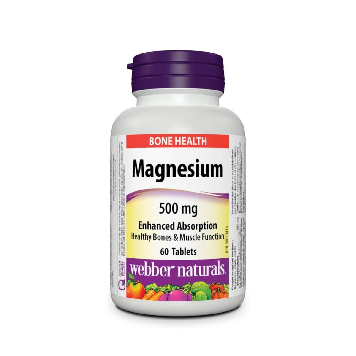 Product label for webber naturals Magnesium 500 mg Enhanced (60 tablets) in English