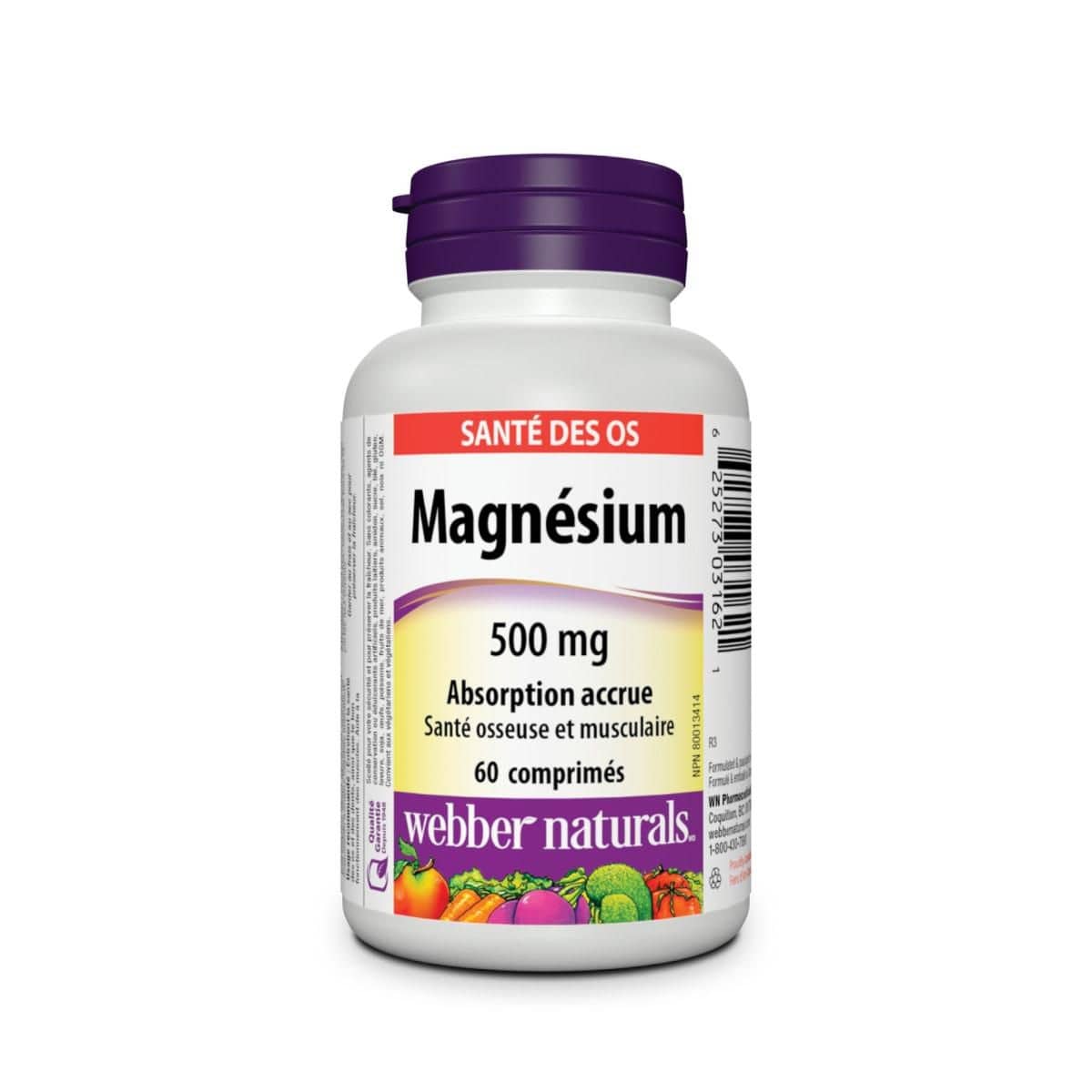 Product label for webber naturals Magnesium 500 mg Enhanced (60 tablets) in French