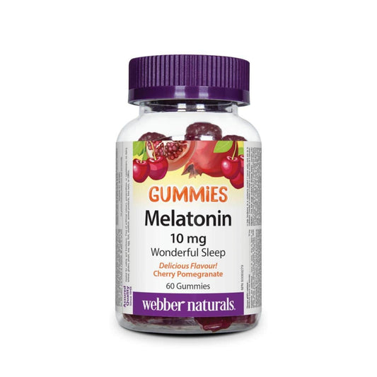 Product label for webber naturals Melatonin 10 mg Gummies Cherry Pomegranate (60 gummies) in English