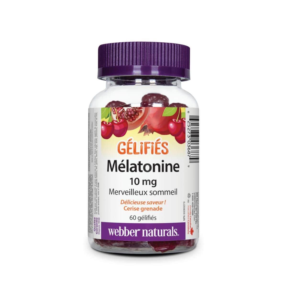 Product label for webber naturals Melatonin 10 mg Gummies Cherry Pomegranate (60 gummies) in French