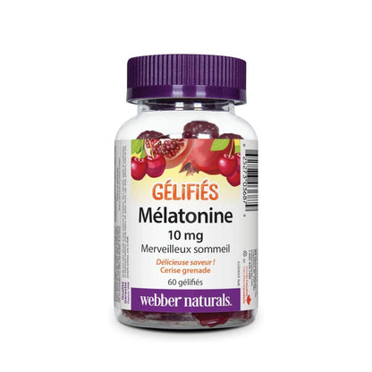 Product label for webber naturals Melatonin 10 mg Gummies Cherry Pomegranate (60 gummies) in French