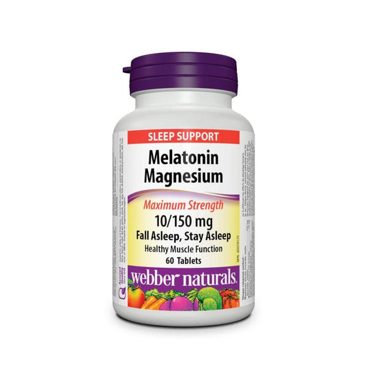 Product label for webber naturals Melatonin Magnesium Maximum Strength 10/150 mg (60 tablets) in English