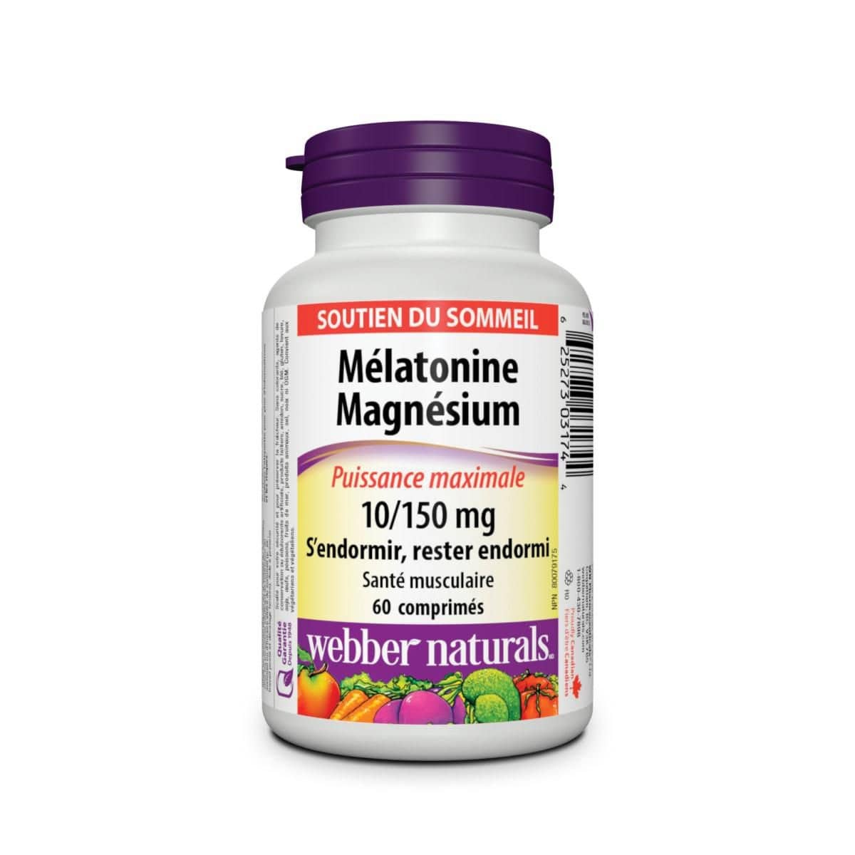Product label for webber naturals Melatonin Magnesium Maximum Strength 10/150 mg (60 tablets) in French